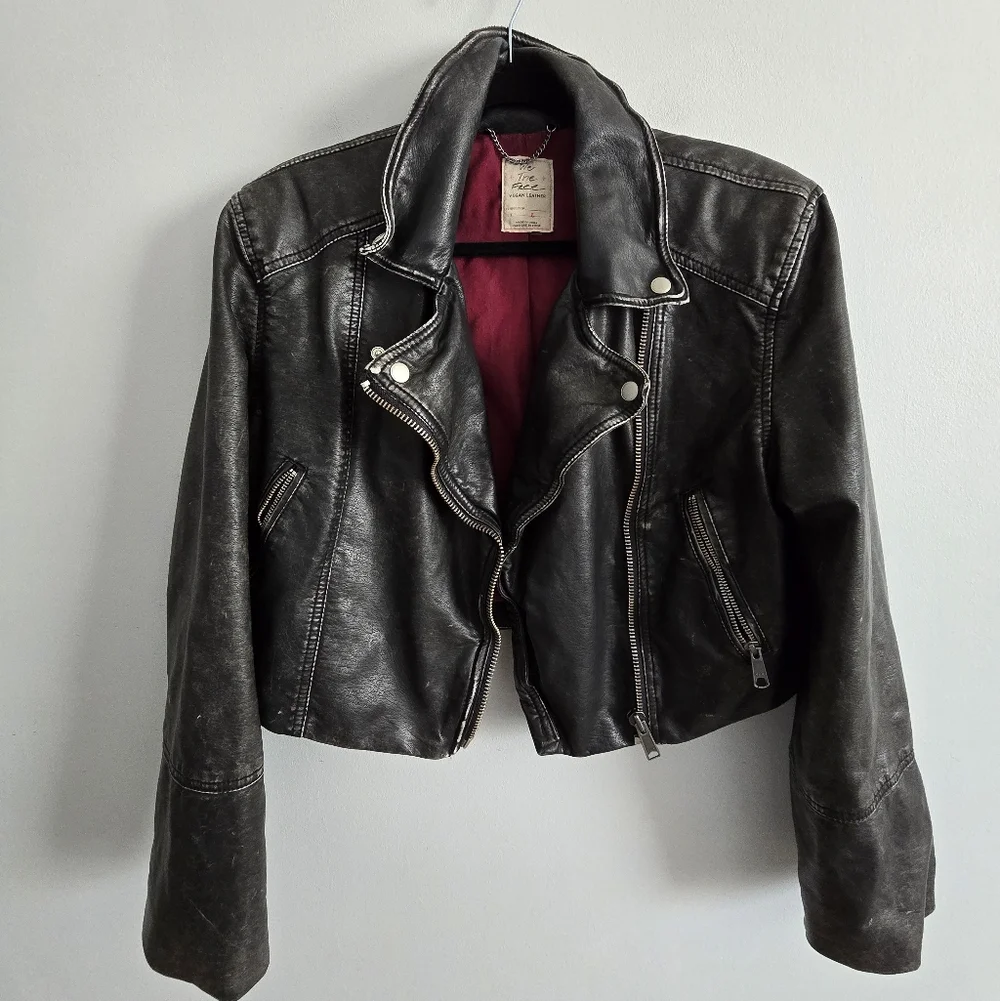 We The Free Black Distressed Women’s Faux Leather Moto Jacket Largd